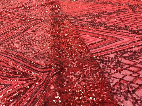 RED SEQUIN DIAMOND DESIGN EMBROIDERY ON A 4 WAY STRETCH MESH-SOLD BY YARD. - 第 9/9 張圖片
