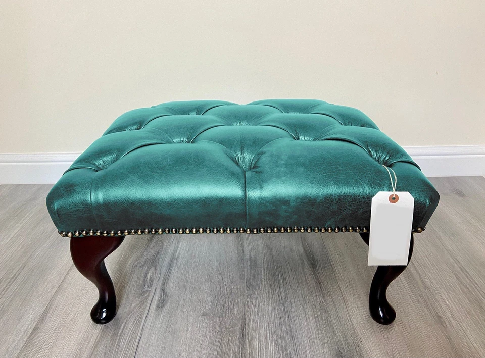 Chesterfield Buttoned Queen Anne Turqoise Faux Leather Footstool - Image 2 of 4