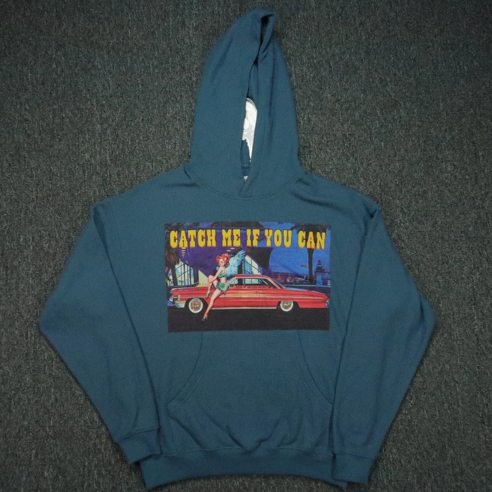 Boys Lie Hoodie Womens Large Blue Waffle Knit Pullover Heart Race V2 Thermal NWT