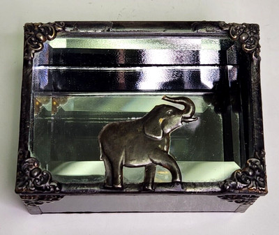 Vintage Glass Mirrored Bottom Box With Elephant On Lid 4.125 x 3.125 x 2