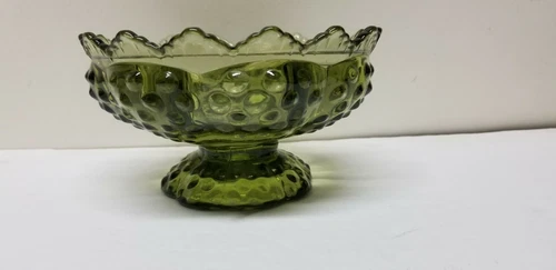 FENTON GLASS COLONIAL GREEN HOBNAIL 5 + CANDLESTICK HOLDER