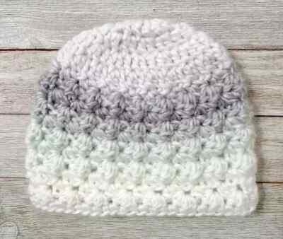 handmade crochet baby newborn hat 0-3 months beanie gray green puffs