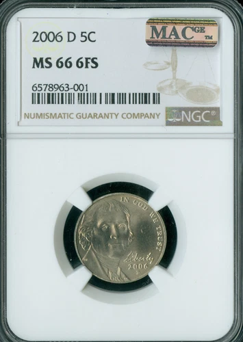 2006 D JEFFERSON NICKEL NGC MS66 6FS BUSINESS STRIKE MAC SPOTLESS *