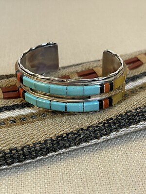 Vintage Wrist Native American Zuni Turquoise Inlay Sterling Silver