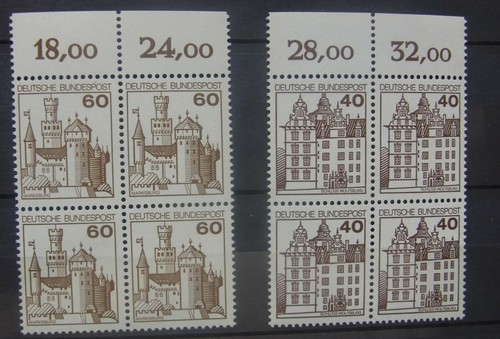 Bund Viererblöcke Oberrand "Burgen & Schlösser" postfrisch Mi.-Nr. 917 & 1037