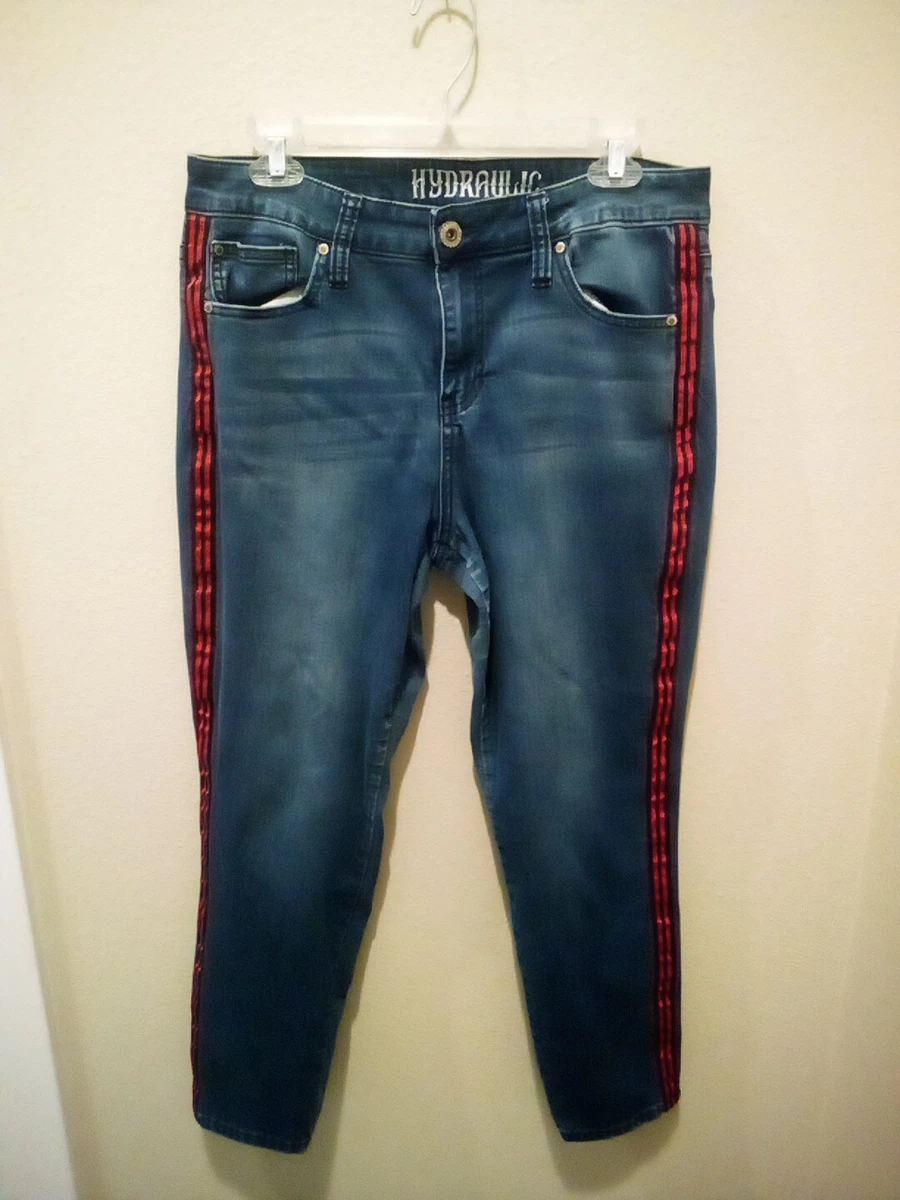 Jeans with red best sale and blue stripe