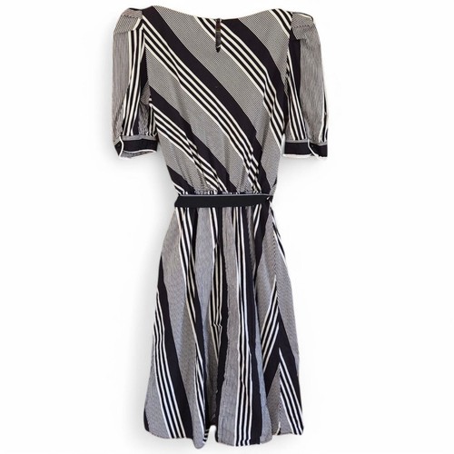 Vintage 1970s Brown & White Striped Midi Dress Puff Sleeves Elastic Waist Retro - Picture 2 of 8