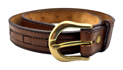 Vintage 90s Boys Brown Leather Weave Belt Brass Buckle 24" Long YK - Picture 2 of 7