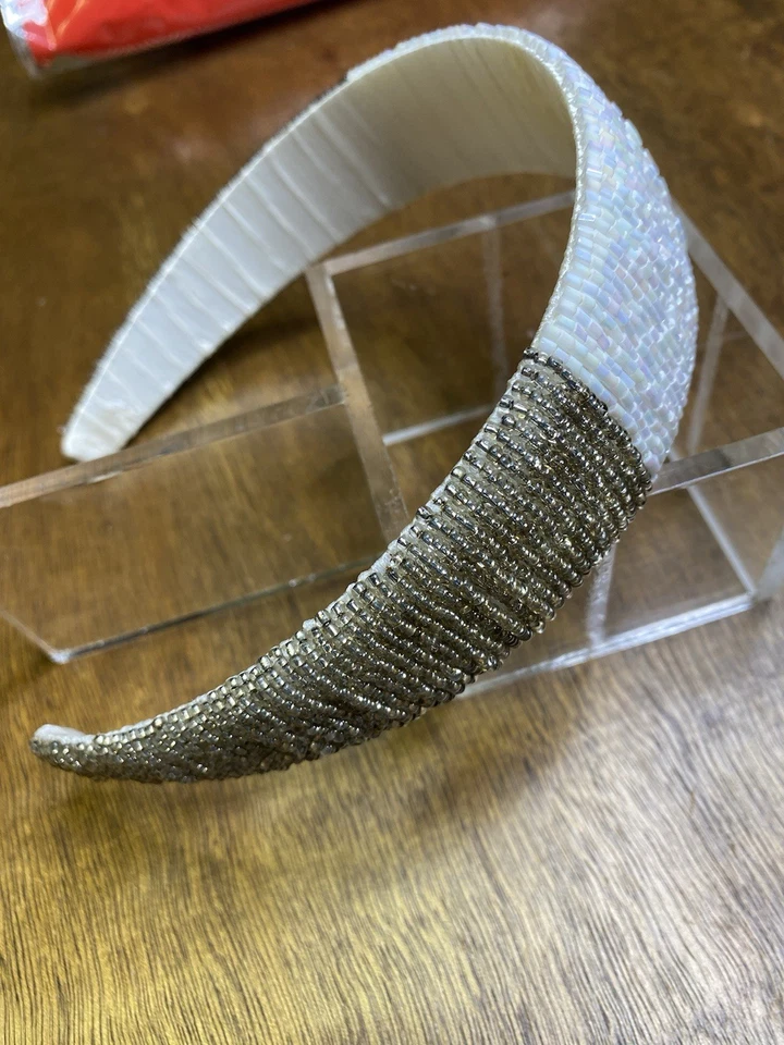 White Silver Beaded Headband Wide Seed Bead - Image 4 of 4