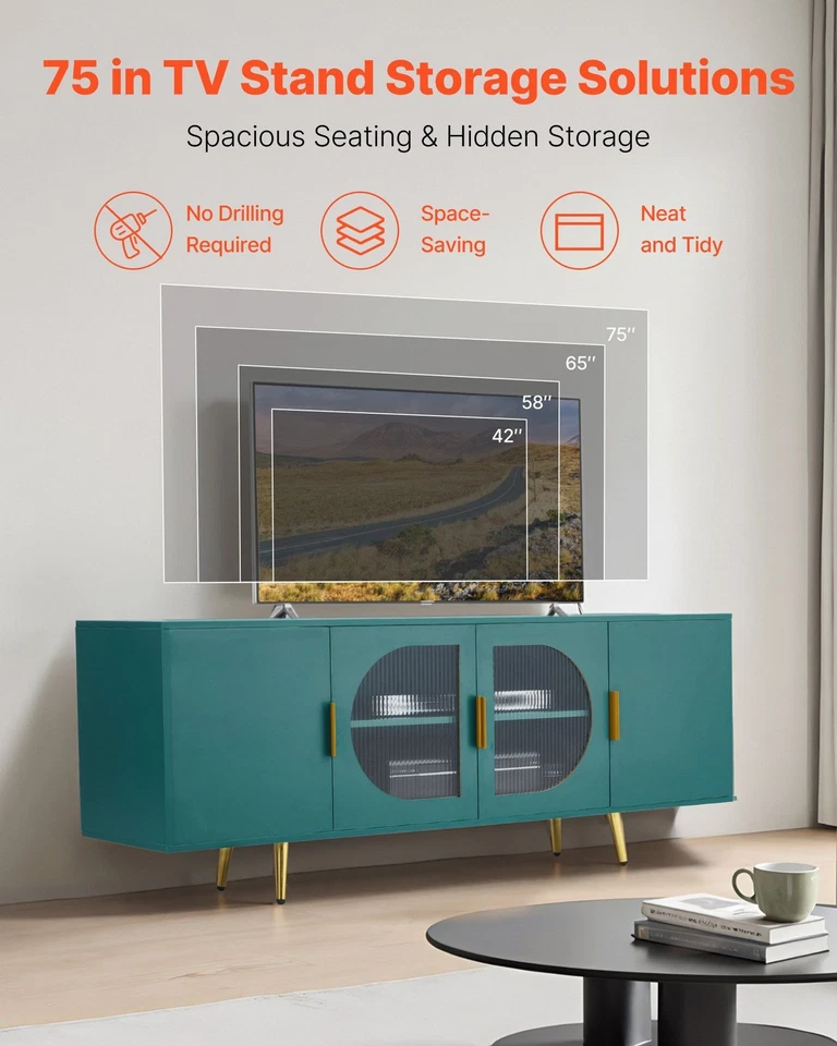 75-дюймовая подставка для телевизора — современный дизайн со стеклянными дверцами и местом для хранения - Изображение 3 из 4