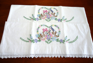 Vintage Hand Embroidered LOVE BIRDS Pillowcases
