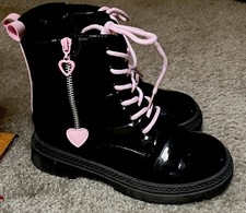 Girls Black Patent Boots Size 3 Pink Lace Heart Combat Fashion Boots Cute EUC