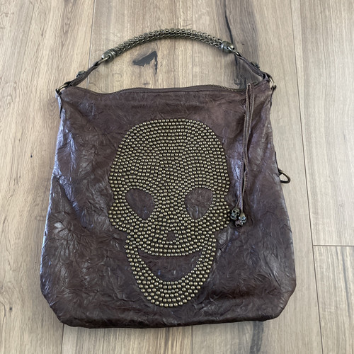 Thomas Wylde Womens Single Strap Studded Skull Brown Leather Shoulder Handbag - Picture 1 of 11