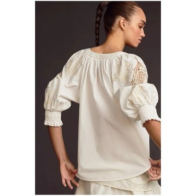 Anthropologie Women s Sz S White Cream Crochet Blouse Puff Sleeves