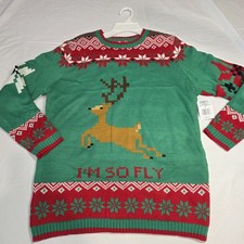 33 DEGREES TEEN XL 18-20 "I'm So Fly" Ugly Christmas Sweater Leaping Reindeer