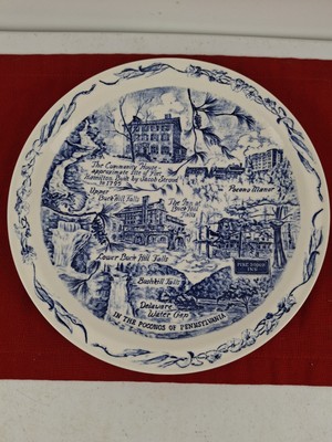 Mid Century Vintage Vernon Kilns Pennsylva Poconos Landmarks Blue Souvenir Plate