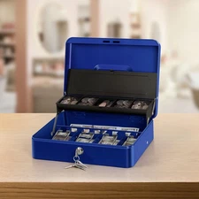 Cash Box with Lock Key and Money Tray - Large Money Box for Cash Register, Blue