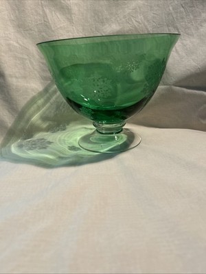 Green Glass Round FTD Snowflake Compote On Pedestal Base Serving Bowl