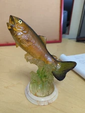 Resin Fish Figurine Jumping Trout Decorative Sculpture 8 In Tall On Pedestal