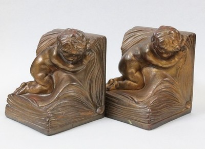 Antique Armor Bronze Clad Bookends Cherub Baby Reading Book A. Johnson