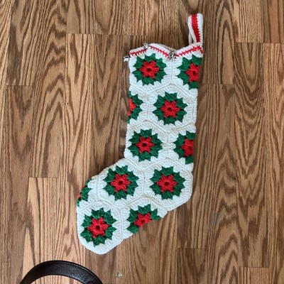 Crocheted Granny Square Christmas Stocking White, Red and Green Bells
