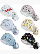6 Pcs Scrub Caps with Buttons Adjustable Bouffant Hat Ponytail Holder Tie Back