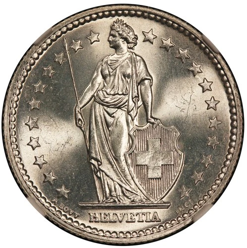 1957-B Switzerland 2 Francs Silver Coin - NGC MS 66 - KM #21