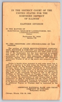 Bankruptcy Notice Great Depression Electrical Research Laboratories 1935 PC