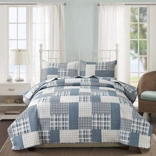 3-Piece Plaid Quilt Set King Size, Lightweight Soft Summer Bedding Set, Blue Whi