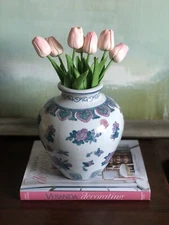 Chinoiserie Asian Style Vase Vintage White Blue Green Pink Grandmillenial 9”