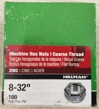  2 Pack Hillman 140018 Hex Machine Screw Nuts, 8-32, Zinc, 100 Piece