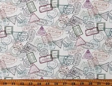 Cotton Passport Stamps Postage Travel Vacation Low Key Fabric Print BTY D488.54