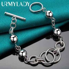 URMYLADY 925 Sterling Silver Multi-Circle Ball Bead Charm Chain Bracelet Jewelry