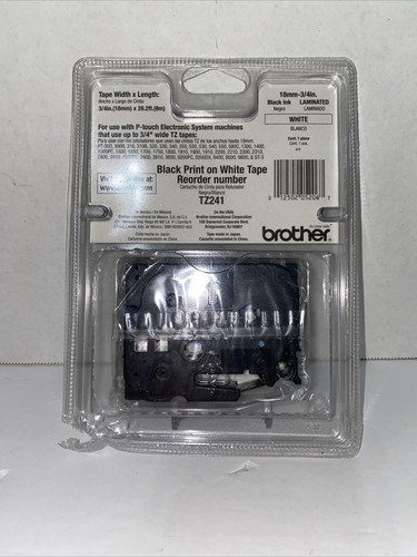 New Brother P-touch 18mm 3/4" TZ-241 Black Print On White Tape Sealed - Picture 2 of 2