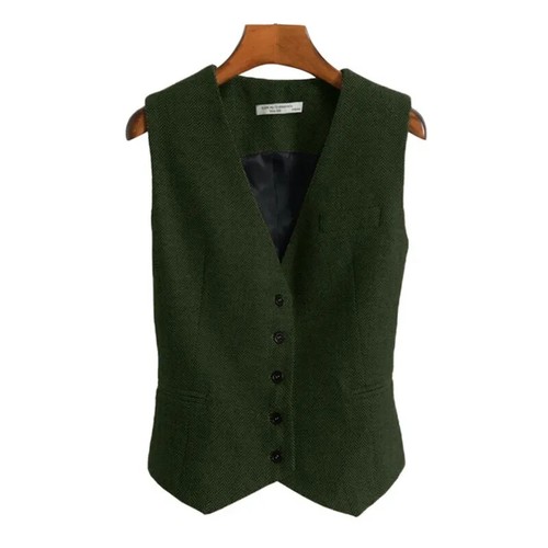 Damen Anzugweste Fischgrät Tweed V-Ausschnitt 4 Knopf Weste Damen Retro Slim... - Bild 16 von 16