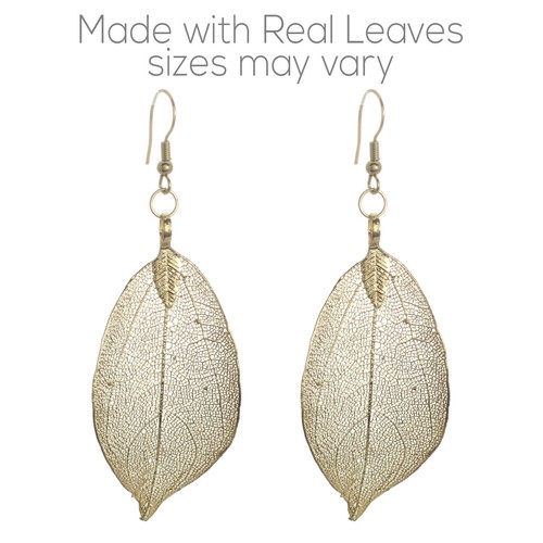 Genuine Natural Real Leaf Dipped Gold Tone Drop Dangle Women Fashion Earrings