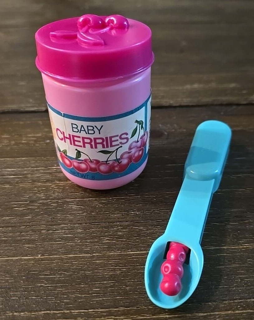 Baby All Gone Cherries Spoon Jar Lid Pretend Baby Food Toy Vintage 1991