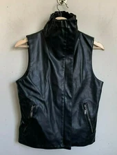 Moda International Womens Vest Black Faux Leather Stand Collar Zip Lined Size XS