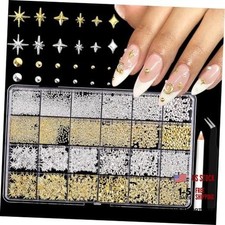3D Star Nail Charms, Gold  Silver Multi-Shapes Metal Nail Art A-Gold  Silver