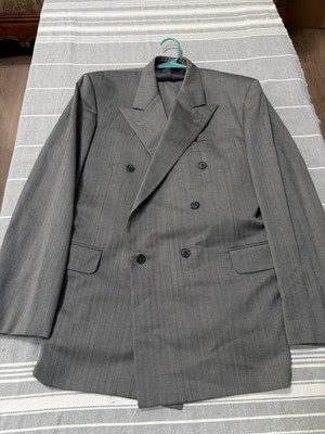 H. Freeman & Son Custom Gray Double Breasted Suit  44L Herringbone 32x30