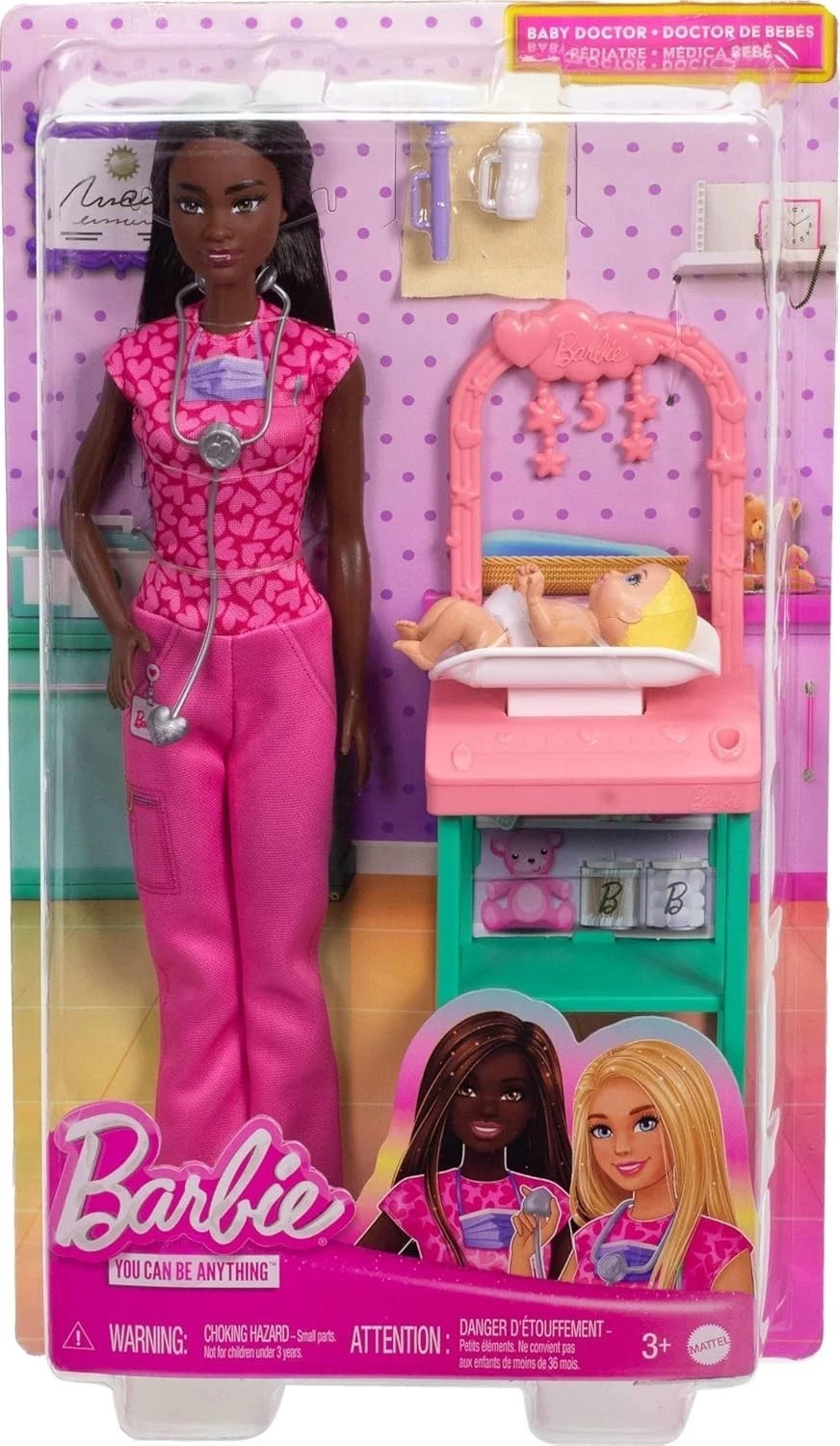 Barbie Baby Doctor Doll with Brunette Fashion Doll, 1 Baby Doll, Furniture & Acc