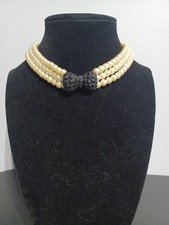 12 Inch Choker Style Faux Pearls With Black Crystal Embellished Bow