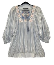 Doe & Rae Embroidered Tunic Top Size L Striped Dolman Sleeve Tassel Boho Peasant