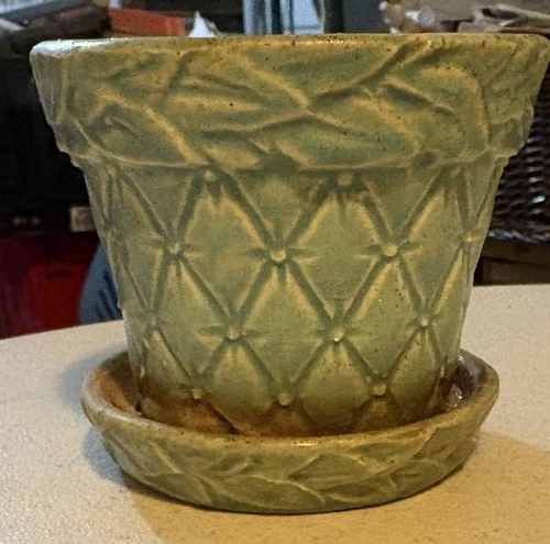 MCM McCoy USA Teal Sea Green Diamond Bead Leaf Planter Saucer Vintage