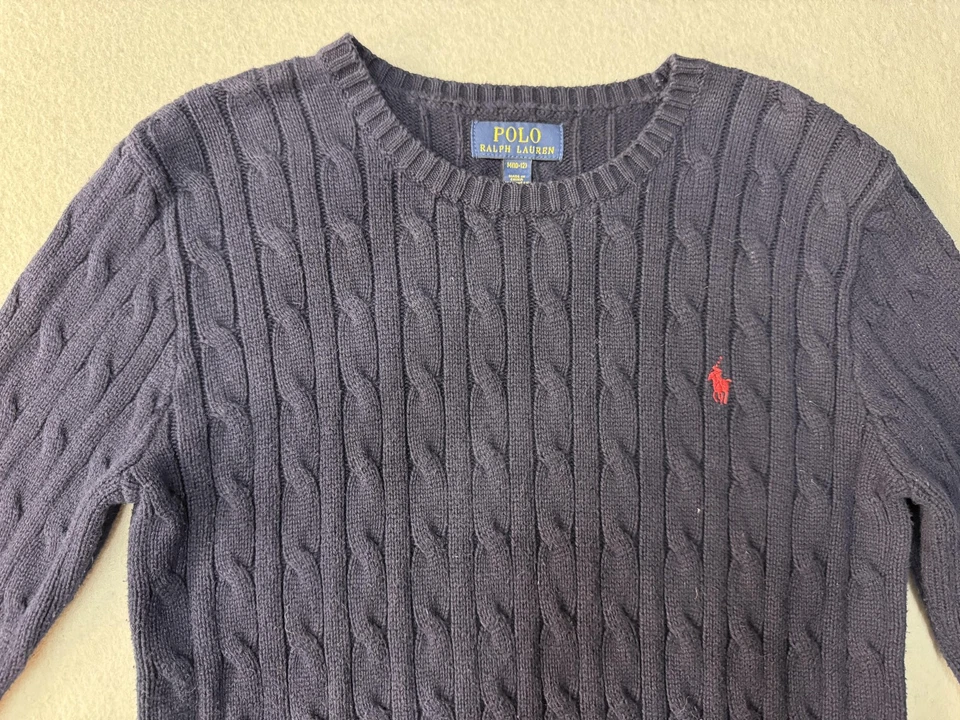Suéter Polo Ralph Lauren Juvenil Mediano Azul Marino Tejido con Cable Cuello Redondo Rojo Poni Logo Foto 2 de 4