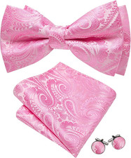 Paisley Striped Bow Tie for Men Silk Pre-Tied Bowtie Pocket Square Cufflinks Set