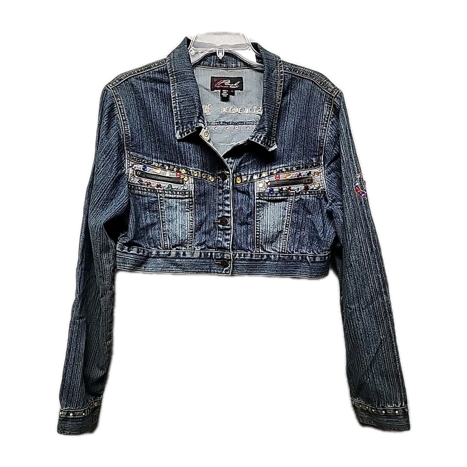 老式 90 年代 Y2K 白金毛绒刺绣流苏牛仔裤夹克尺寸 XL Crop Trucker — 第 2/4 张图片