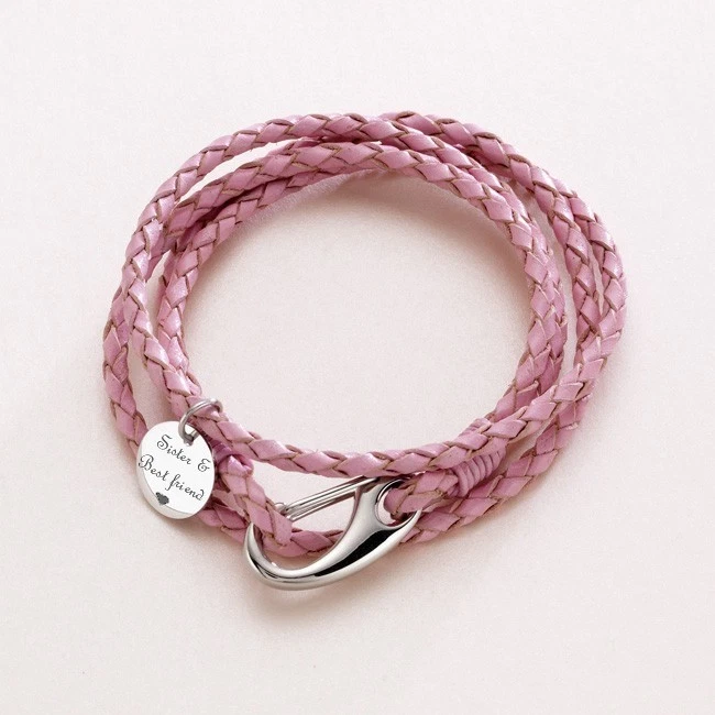 Ladies Pink Leather Wrap Bracelet Personalised Engraved Free