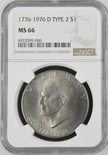 1976-D Type 2  Eisenhower Dollar NGC MS66 "Ike silver dollar" (copper/nickel)