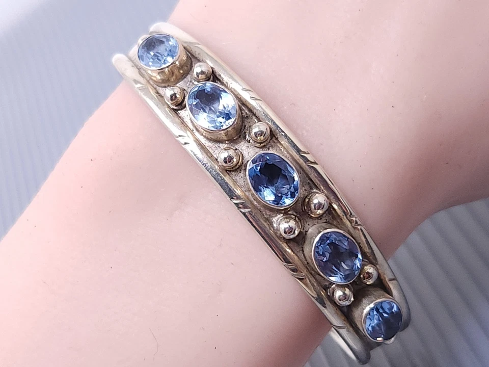 Bracelete vintage nativo navajo prata esterlina azul topázio 7" - Imagem 2 de 4